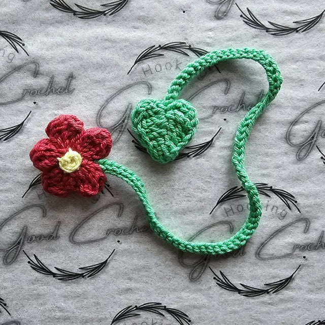 Crochet Forget Me Not & leaf bookmark dark red