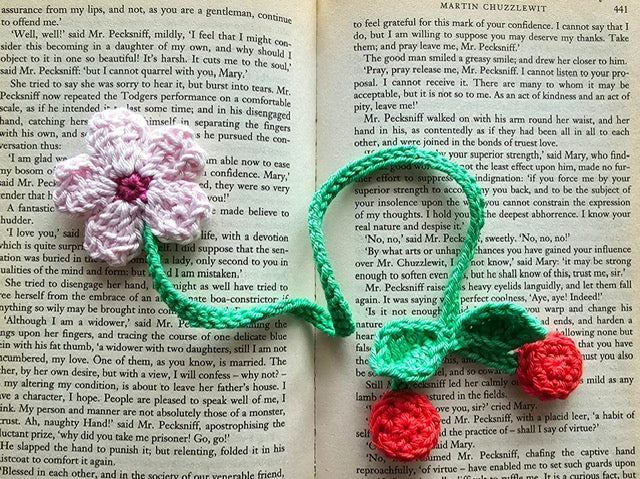 Crochet Cherries, Cherry Blossom & leaves bookmark
