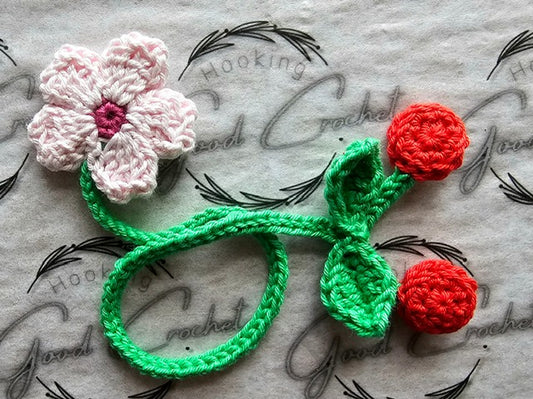 Crochet Cherries, Cherry Blossom & leaves bookmark