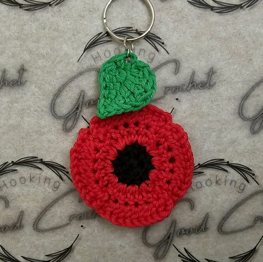 Crochet Poppy & leaf keyring red