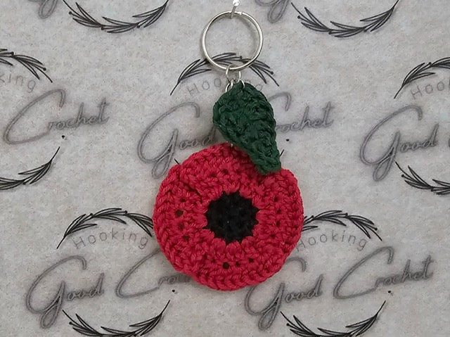 Crochet Poppy & leaf keyring traditional red