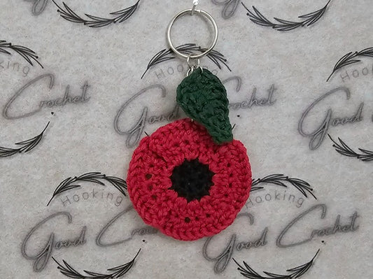 Crochet Poppy & leaf keyring traditional red