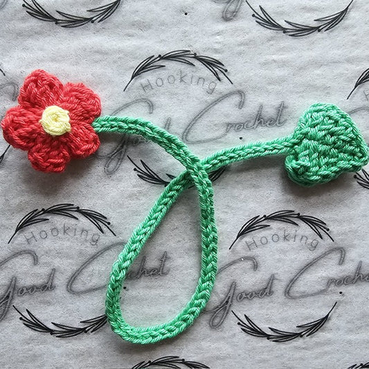 Crochet Forget Me Not & leaf bookmark red