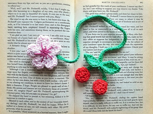 Crochet Cherries, Cherry Blossom & leaves bookmark