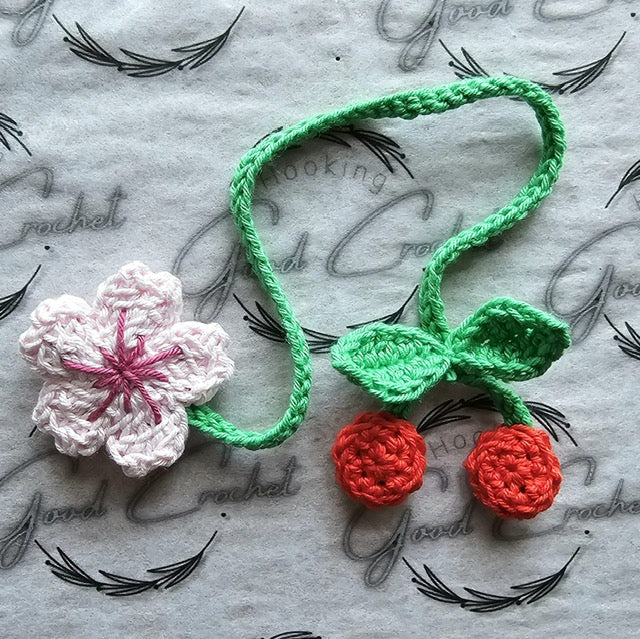 Crochet Cherries, Cherry Blossom & leaves bookmark