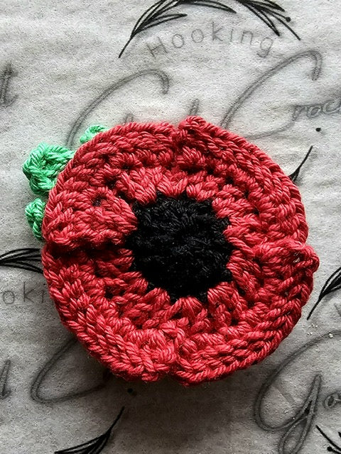 Crochet Poppy & leaf pin badge traditional red